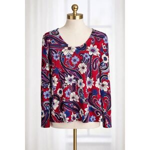 Talbots 100% Pure Merino Wool Floral Paisley Print Knit Popover Sweater Size S